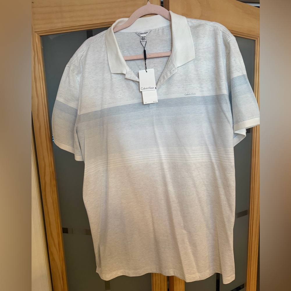 Calvin Klein Men's White and Gray Striped Polo Shirt